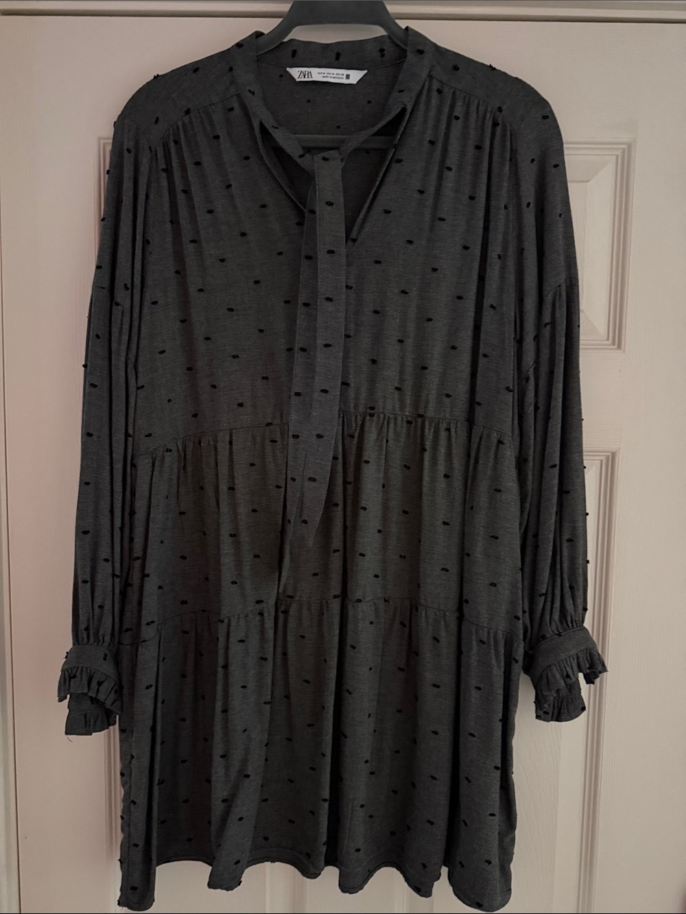 Zara Charcoal Dot Tie-Neck Tiered Long-Sleeve Dress